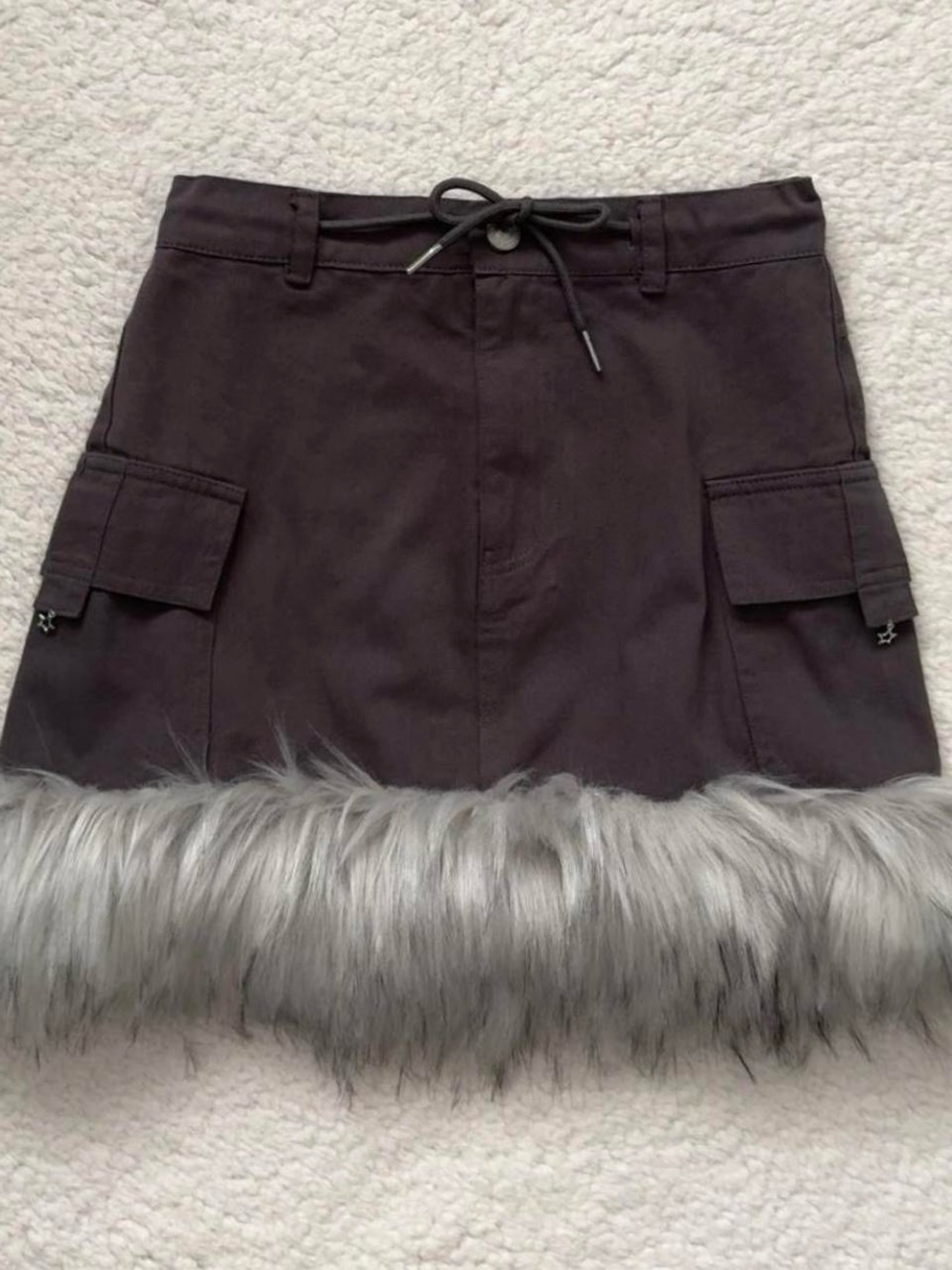 Princess Polly Grey Cargo Mini Skirt with Gray Faux Fur Hem